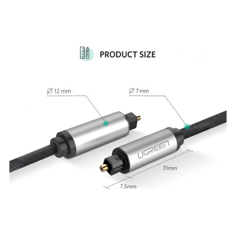 AV108, UGREEN, Cable, Toslink Optical Audio Cable, 2m, Black/Silver