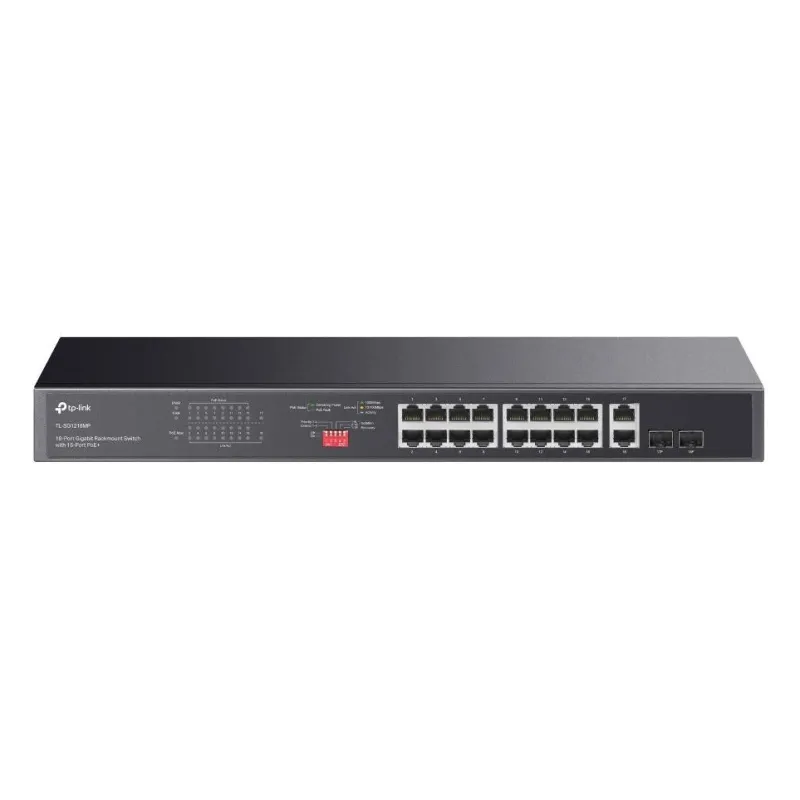 TP-Link, TL-SG1218MP, 16× Gigabit PoE+ RJ45 ports, 2× Gigabit on-PoE RJ45 ports, and 2× Combo Gigabit SFP slots 802.3af/at