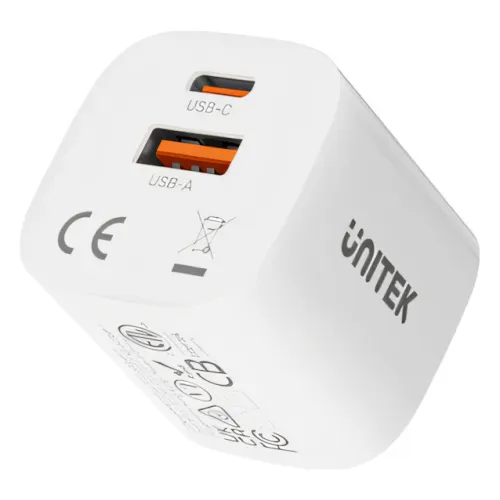 P1125AWH01-EU UNITEK max 33W Wall Charger, EU, USB-A + USB-C Output, White