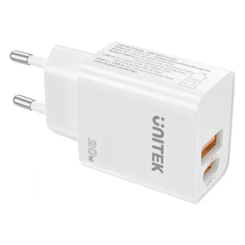 P1124AWH01-EU, UNITEK, 20W 2-Port Wall Charger (USB-A QC + USB-C PD), White