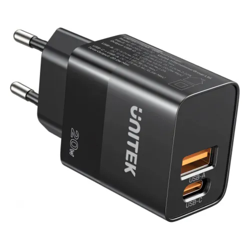 P1124ABK01-EU UNITEK 20W Wall Charger, EU, USB-A QC + USB-C PD, Black