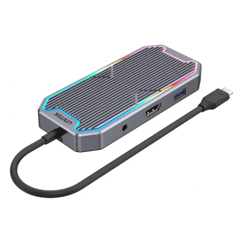 D1029A, UNITEK, 7-in-1 USB-C 10Gbps Hub with RGB Light (2*USB-A 10Gbps+USB-C 10Gbps+HDMI 4K60Hz+Gigabit Ethernet+Audio+PD 100W