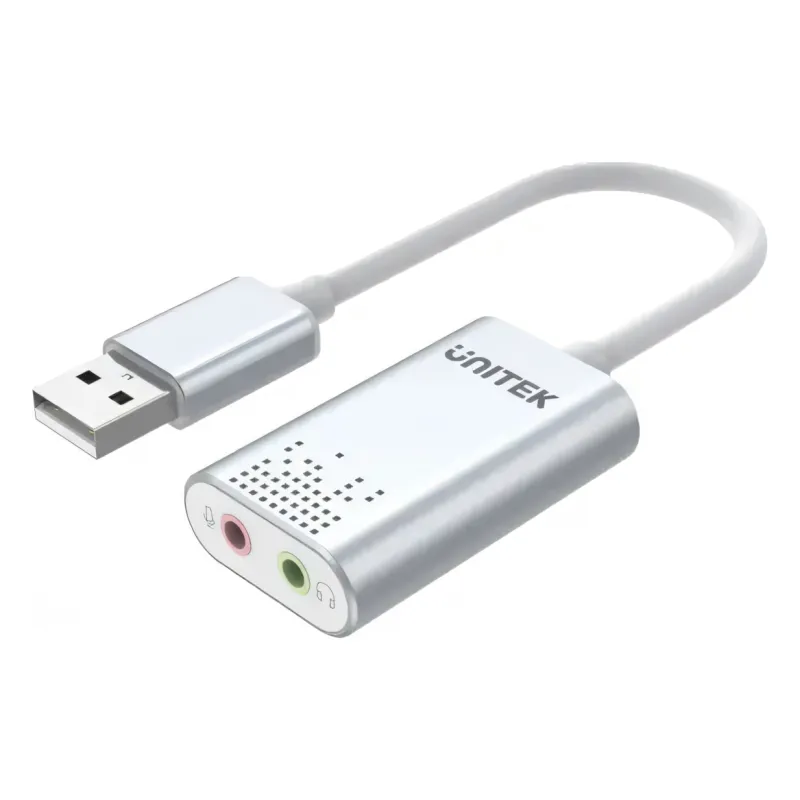 Y-247A, UNITEK, USB Adapter, USB 2.0 External Sound Card Adapter for Stereo Audio, 48KHz 16-bit Silver Color