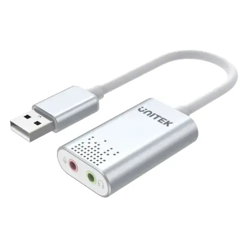 Y-247A, UNITEK, USB Adapter, USB 2.0 External Sound Card Adapter for Stereo Audio, 48KHz 16-bit Silver Color