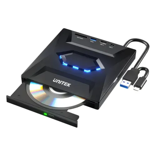 UNITEK, USB Adapter, T1037A01, 5-in-1 External Optical Drive with USB Hub, SD Card Reader- Up to 5 Gbps; 8x DVDR, 24x CD wri