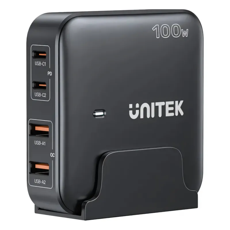 P1229ABK, UNITEK, Charger, 100W 4-in-1 Desktop GaN Charger (2*USB-C PD + 2*USB-A QC3.0), with 1.5M Power Cord, Black