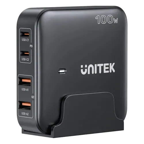 P1229ABK, UNITEK, Charger, 100W 4-in-1 Desktop GaN Charger (2*USB-C PD + 2*USB-A QC3.0), with 1.5M Power Cord, Black
