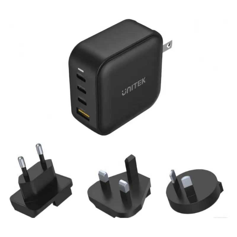 P1112ABK, UNITEK, Charger, 100W 4-in-1 USB GaN Charger (3*USB-C PD + USB-A QC3.0), With US/EU/UK/AU Plugs, Black