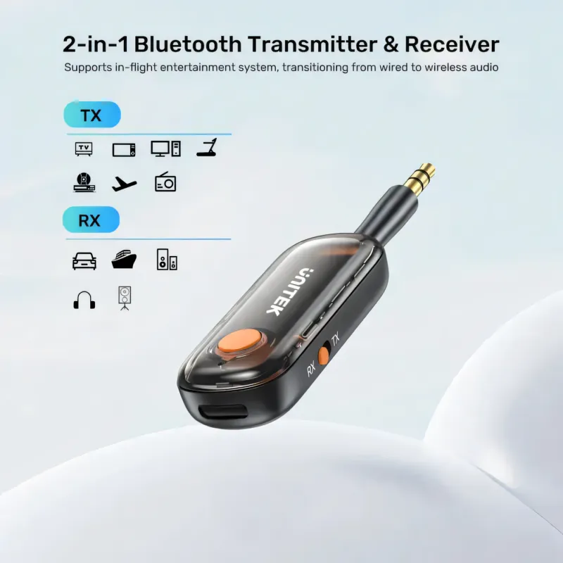 B1111A01, UNITEK, Bluetooth Adapter, 2-in-1 Bluetooth 5.3 Transmitter/Receiver, up to 10 m, latency 40ms, charge up to 10